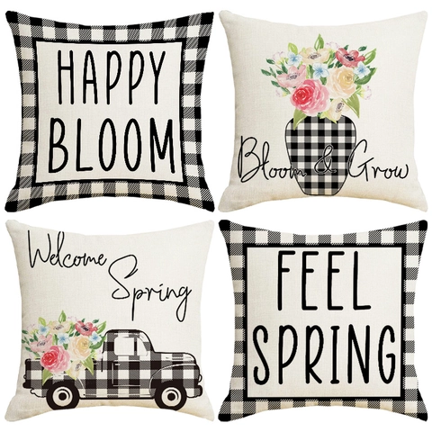 Spring Linen Throw Pillow Covers Happy Bloom Floral Buffalo Plaid Pattern Square Decorative Cushion Covers For Home Sofa