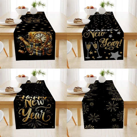 Chemin de Table Bonne Année 2025 Noir Or Décoration de Table à Manger Festive Tissu en Lin Articles de Fête pour Maison Restaurant