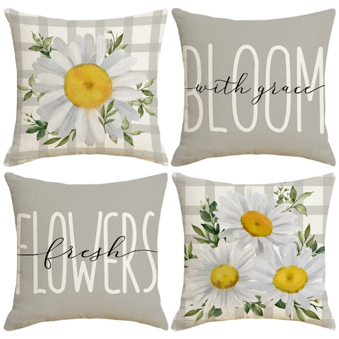 Moderner Frühling Weiß Gänseblümchen Leinen Kissenbezug Frischer Buchstabendruck Wurfkissenbezug Für Sofa Couch Haus Deko