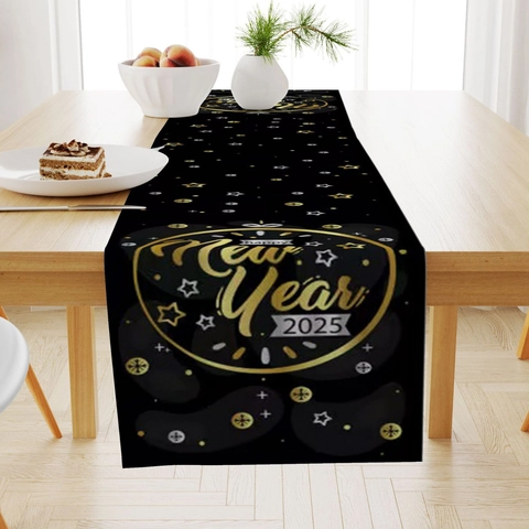 Chemin de Table Bonne Année 2025 Noir Or Décoration de Table à Manger Festive Tissu en Lin Articles de Fête pour Maison Restaurant