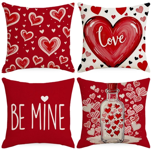 Funda de Almohada de Lino para San Valentín Patrón Corazón Love Be Mine Estampada Funda de Cojín Cuadrada Decoración