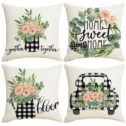 Linen Dekorative Kissenbezug Blumen Buchstabendruck Quadratische Kissenhülle Für Sofa Zuhause Wohnzimmer Dekor Moderner Landhausstil