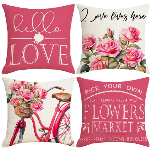 Leinen Deko Kissenbezug Rosa Rose Blume Retro Fahrrad Schriftzug Quadratischer Kissenhülle Für Sofa Wohnzimmer Deko