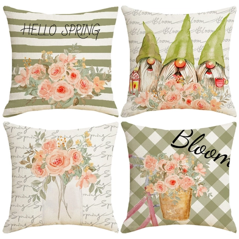 Spring Floral Gnome Linen Decorative Pillow Cover Gingham Stripe Letter Print Cushion Case For Sofa Living Room Home Decor