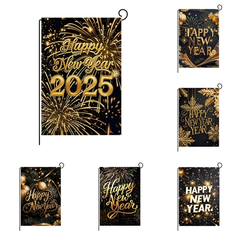 Bandiera da Giardino Happy New Year 2025 Oro Nero Design Fuochi d'Artificio Lanterna Lino Banner Decorazione Esterna