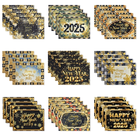 Manteles Individuales Happy New Year 2025 Oro Negro Resistentes al Calor Antideslizantes de Poliéster Lino para Fiesta Hogar Cocina