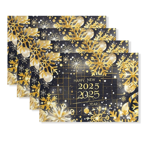 Manteles Individuales Happy New Year 2025 Oro Negro Resistentes al Calor Antideslizantes de Poliéster Lino para Fiesta Hogar Cocina