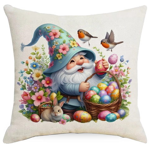 Frühling Blumen Gnom Leinen Kissenbezug Dekorativer Quadratischer Kissenhülle Für Sofa Zuhause Wohnzimmer Ostern Dekor