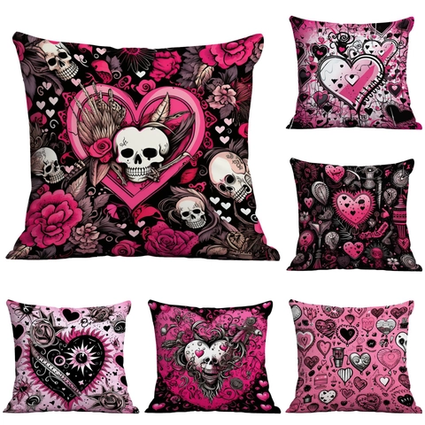 Gothic Punk Herz Totenkopf Druck Kissenbezug Weich Kurzplüsch Quadratisch Sofakissen Bezug Für Home Deko Valentinstag