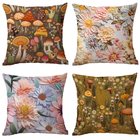 Fodera per Cuscino Vintage Con Stampa 3D Floreale e Funghi in Morbido Velluto Corto Copricuscino Decorativo per Divano Soggiorno