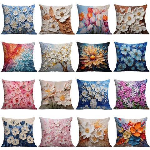 3D Impasto Oil Painting Floral Decorative Pillowcase Short Plush Square Throw Pillow Cover For Sofa Living Room Home Decor