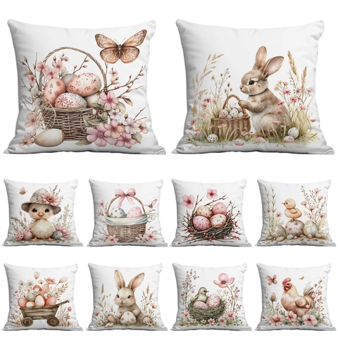 Vintage Easter Floral Rabbit Egg Pillowcase Decorative Short Plush Throw Pillow Cover For Sofa Home Couch Festive Decor