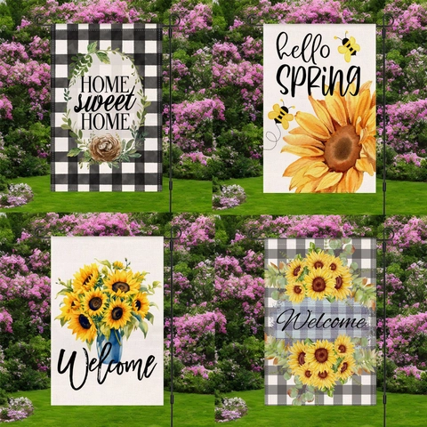 Bandiera da Giardino con Girasoli Primaverili in Lino Decorazione per Cortile Esterno Fronte Retro Welcome Banner