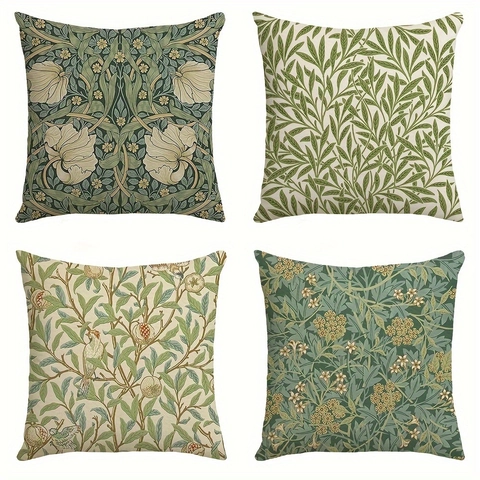 Housse de Coussin Décorative en Lin Style William Morris Fleurs et Oiseaux 45x45cm Housse Carrée pour Canapé Décoration Maison