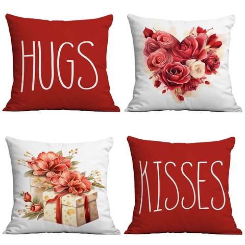 Valentinstag Rose Herz Buchstabe Druck Weicher Plüsch Dekorativer Kissenbezug Für Zuhause Quadratischer Kissenhülle