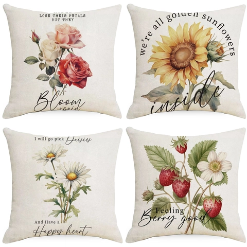 Vintage Floral Print Linen Square Pillow Cover Decorative Cushion Case with Quotes for Living Room Sofa Home Decor