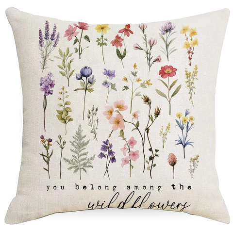 Vintage Floral Print Linen Square Pillow Cover Decorative Cushion Case with Quotes for Living Room Sofa Home Decor