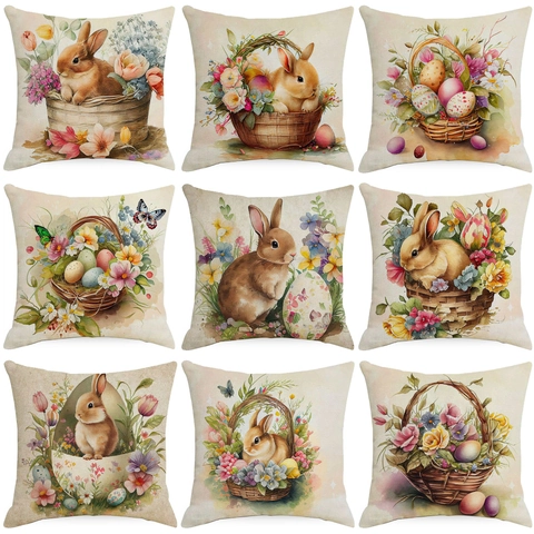 Easter Bunny Egg Watercolor Linen Throw Pillow Cover Decorative Square Cushion Case For Sofa Living Room Home Holiday Decor