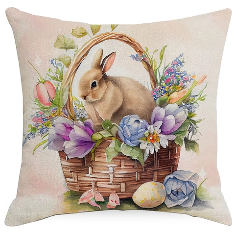 Easter Bunny Egg Watercolor Linen Throw Pillow Cover Decorative Square Cushion Case For Sofa Living Room Home Holiday Decor
