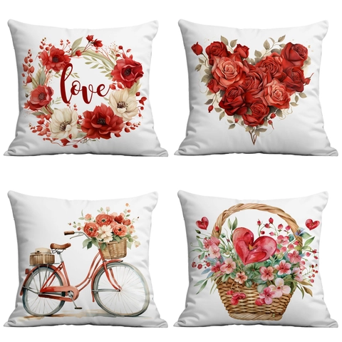Valentijnsdag Roos Hart Print Kussenhoes Romantisch Wit Korte Pluche Vierkante Kussensloop Voor Bank Woonkamer Huisdecoratie