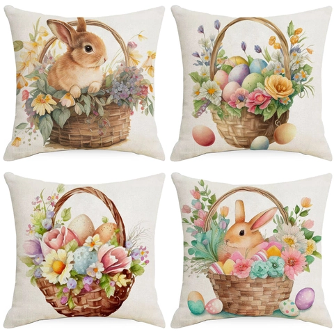 Rustic Linen Easter Pillowcase Printed Watercolor Bunny Egg Spring Floral Decorative Cushion Cover For Sofa Living Room Home Decor