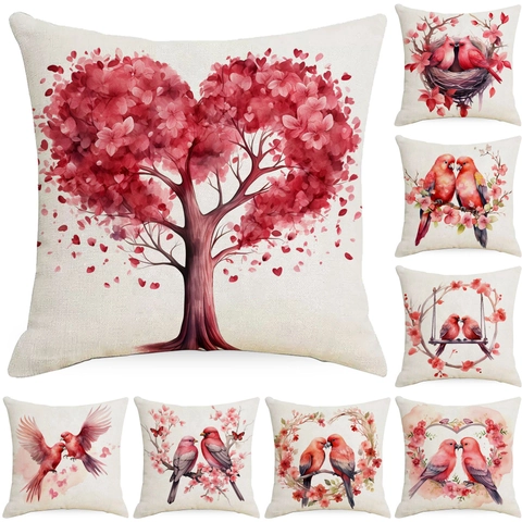 Romantische Aquarel Vogel Hart Linnen Kussenhoes Vierkante Sierkussen Sloop Voor Bank Woonkamer Decor Huwelijk Cadeau