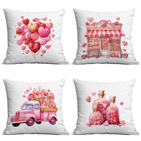 Dekorativer Valentinstag Kissenbezug Aquarell Herz Ballon Pinker Truck Blumenladen Kurzplüsch Kissenhülle Für Sofa Wohnzimmer Deko