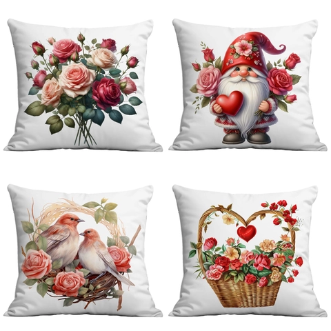 Funda de Almohada Decorativa de San Valentín con Rosa Flor Gnomo Corazón Suave Felpa Corta Funda de Cojín Cuadrada para Sofá Hogar