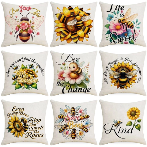 Modern Linen Bee Sunflower Throw Pillow Case Bee The Change Quote Decorative Cushion Cover For Sofa Living Room Bedroom