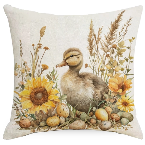 Ostern Leinen Kissenbezug Aquarell Hase Bunte Eier Blumenmuster Quadratische Dekorative Kissenhülle Für Sofa Haus Dekor