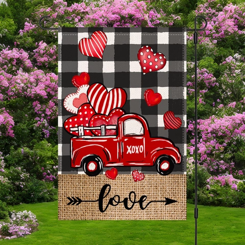 Valentine's Day Garden Flag Double Sided Polyester Outdoor Yard Decoration Red Truck Heart Gnome Printed Seasonal Hanging Flag