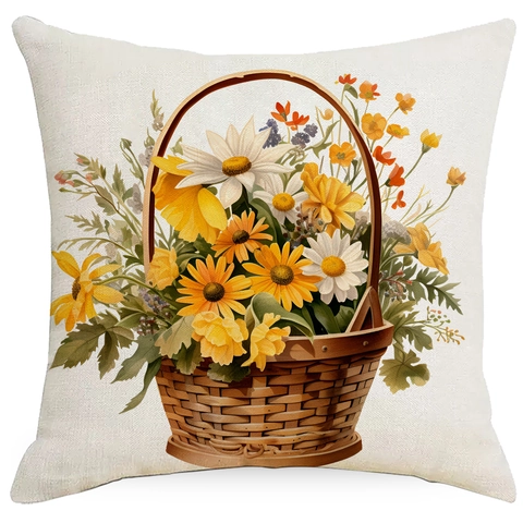 Funda de Almohada de Lino con Flores Silvestres Amarillas Girasol Margarita Impresión de Acuarela Funda de Cojín Decorativa para Sofá