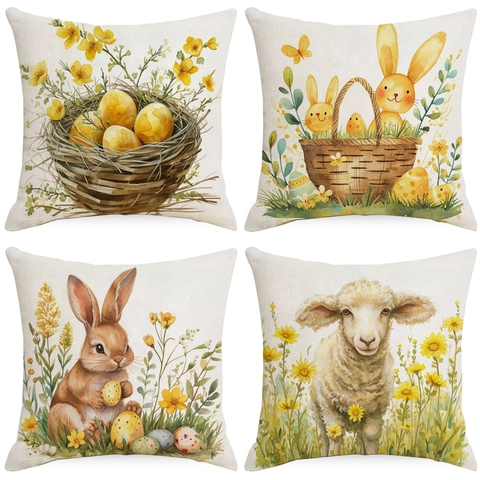Ostern Leinen Kissenbezug Aquarell Hase Bunte Eier Blumenmuster Quadratische Dekorative Kissenhülle Für Sofa Haus Dekor