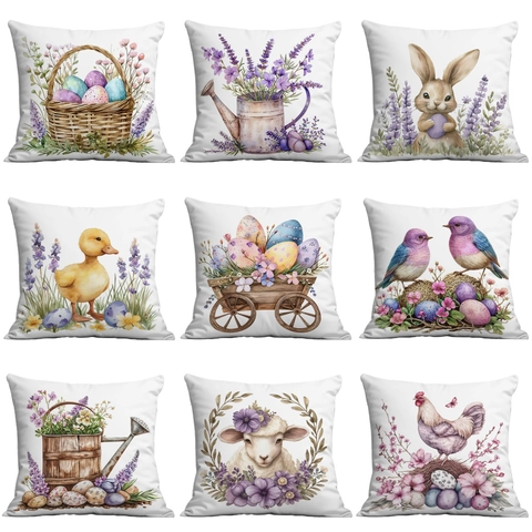 Housse de Coussin Lavande de Pâques à l'Aquarelle Lapin Œuf Fleur Décorative Carrée pour Canapé de Maison