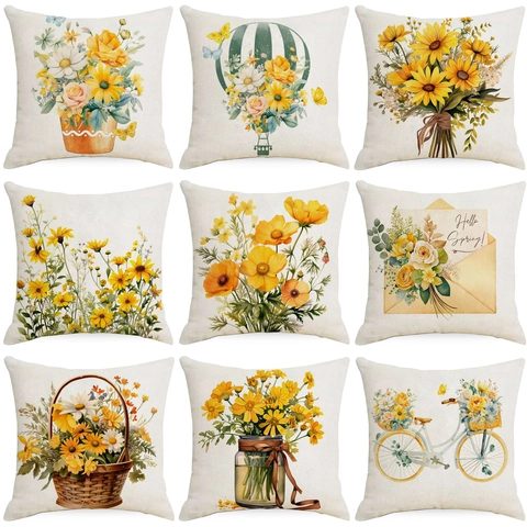 Funda de Almohada de Lino con Flores Silvestres Amarillas Girasol Margarita Impresión de Acuarela Funda de Cojín Decorativa para Sofá