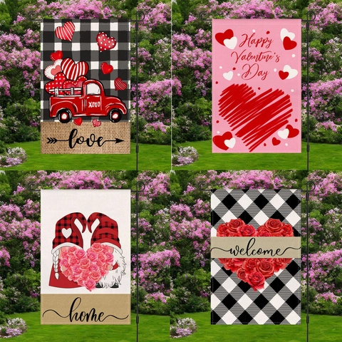 Valentine's Day Garden Flag Double Sided Polyester Outdoor Yard Decoration Red Truck Heart Gnome Printed Seasonal Hanging Flag