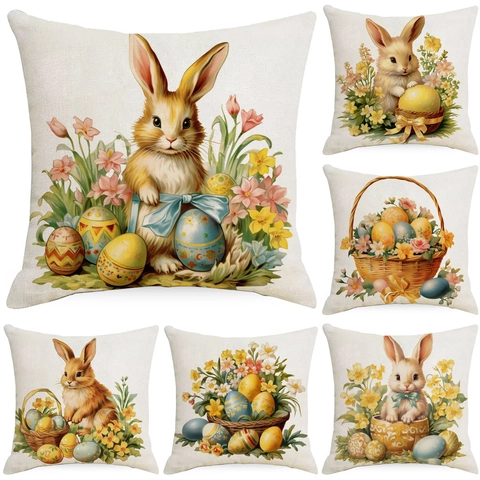 Easter Bunny Egg Pattern Linen Pillowcase Decorative Cartoon Rabbit Cushion Cover For Home Living Room Spring Celebration