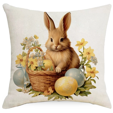 Easter Bunny Egg Pattern Linen Pillowcase Decorative Cartoon Rabbit Cushion Cover For Home Living Room Spring Celebration