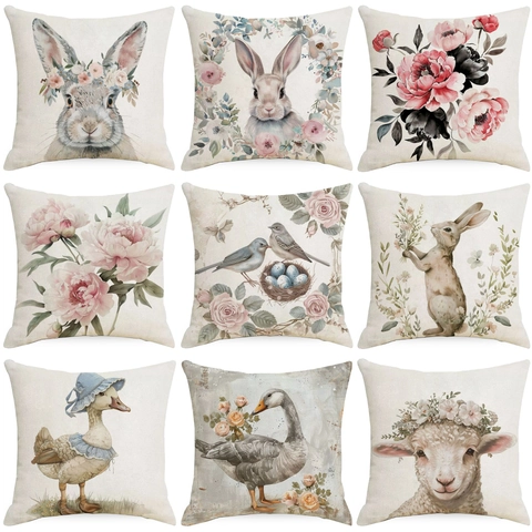 Vintage Aquarell Ostern Hase Blume Leinen Kissenbezug Dekorativer Kissenhülle Für Wohnzimmer Zuhause Sofa Farmhaus Dekor