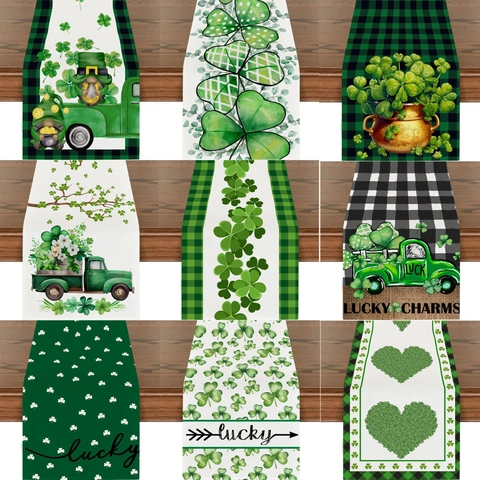 Chemin de Table en Polyester pour la Saint-Patrick Trèfle Vert Plaid Lucky Nappe Décoration Festive de Salle à Manger