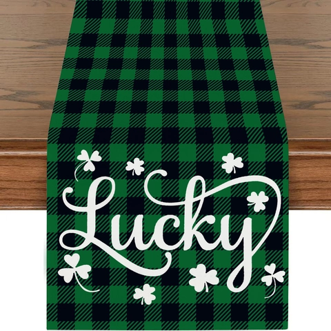 Chemin de Table en Polyester pour la Saint-Patrick Trèfle Vert Plaid Lucky Nappe Décoration Festive de Salle à Manger