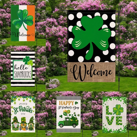 Festive St Patrick's Day Garden Flag Polyester Printed Shamrock Gnome Green Truck Outdoor Yard Home Decorative Flags
