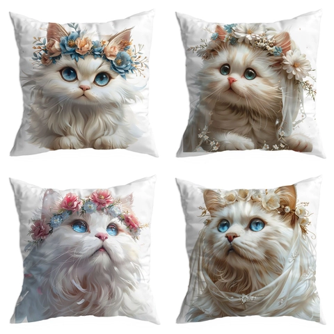 Whimsical Dreamy White Kitten Floral Crown Printed Soft Short Plush Pillowcase Whimsical Cat Pattern Decorative Cushion Cover Home Decor