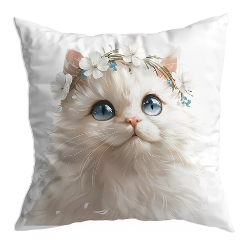 Whimsical Dreamy White Kitten Floral Crown Printed Soft Short Plush Pillowcase Whimsical Cat Pattern Decorative Cushion Cover Home Decor