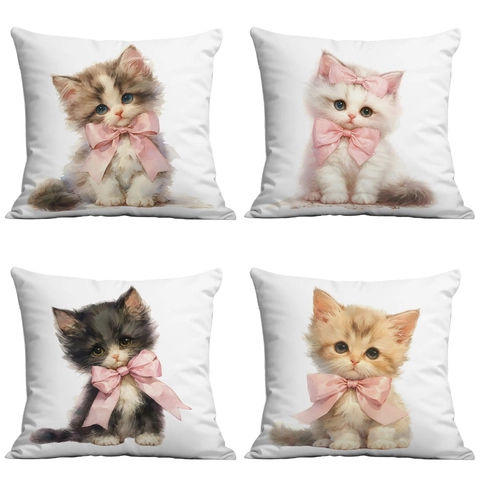 Schattige Aquarel Kat Patroon Kort Pluche Kussensloop Voor Huis Woonkamer Decor Zachte Strik Kitten Decoratieve Sierkussen Sloop