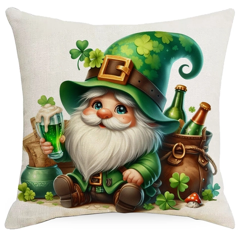 Funda de Cojín de Lino para el Día de San Patricio Gnomo Trébol de la Suerte Tema Irlandés Cuadrada Decorativa para Sofá