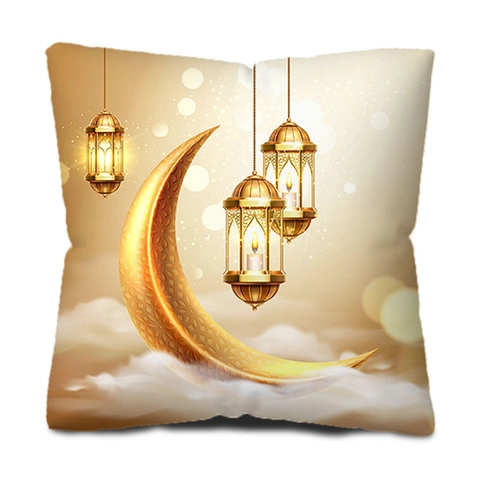 Golden Moon Short Plush Ramadan Mubarak Pillowcase Islamic Mosque Lantern Print Square Cushion Cover For Home Decor