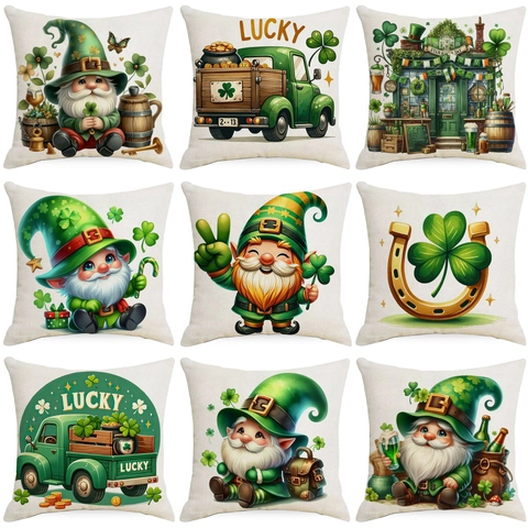 Funda de Cojín de Lino para el Día de San Patricio Gnomo Trébol de la Suerte Tema Irlandés Cuadrada Decorativa para Sofá