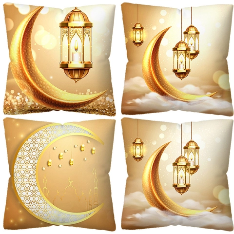 Golden Moon Short Plush Ramadan Mubarak Pillowcase Islamic Mosque Lantern Print Square Cushion Cover For Home Decor