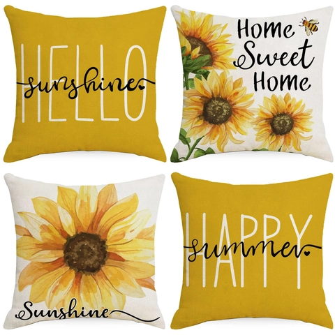 Taie d'Oreiller en Lin Motif Tournesol Ensemble Moderne Simple Jaune Abeille Imprimé Carré Housse de Coussin Décor de Canapé Maison